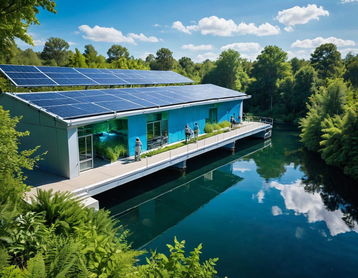 A futuristic water treatment facility surrounded by lush greenery, featuring advanced filtration systems and solar panels. Show diverse people enjoying clean water, with a flowing river and vibrant plants in the background. Emphasize sustainability and technology, creating a harmonious environment. Bright blues and greens dominate the color palette. super-realistic. vibrant colors.