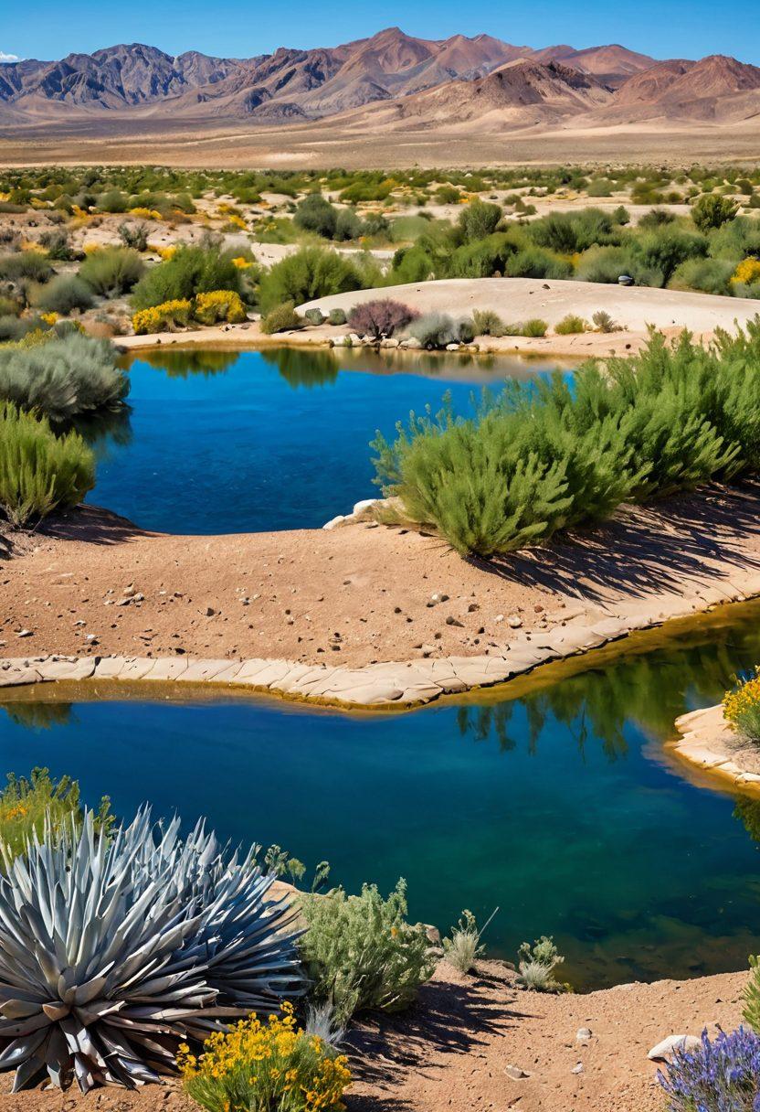 A stunning desert landscape showcasing a sustainable water reservoir surrounded by lush greenery, innovative irrigation systems, and vibrant wildflowers native to New Mexico. Include local wildlife such as migratory birds and rabbits, all under a clear blue sky. Emphasize the contrast between dry arid areas and flourishing ecosystems supported by water conservation efforts. super-realistic. vibrant colors. 3D.