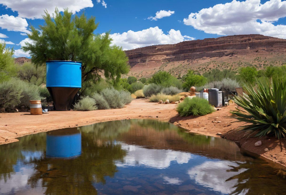 A picturesque New Mexico landscape showcasing a sustainable rainwater harvesting system, with rain barrels and lush greenery. In the foreground, a diverse group of people collaborates on ecological management, studying plants and discussing solutions. The background features the arid desert terrain juxtaposed with vibrant green patches, symbolizing reclaimed resources. Bright blue skies with some clouds reflect the rainwater theme. super-realistic. vibrant colors. 3D.